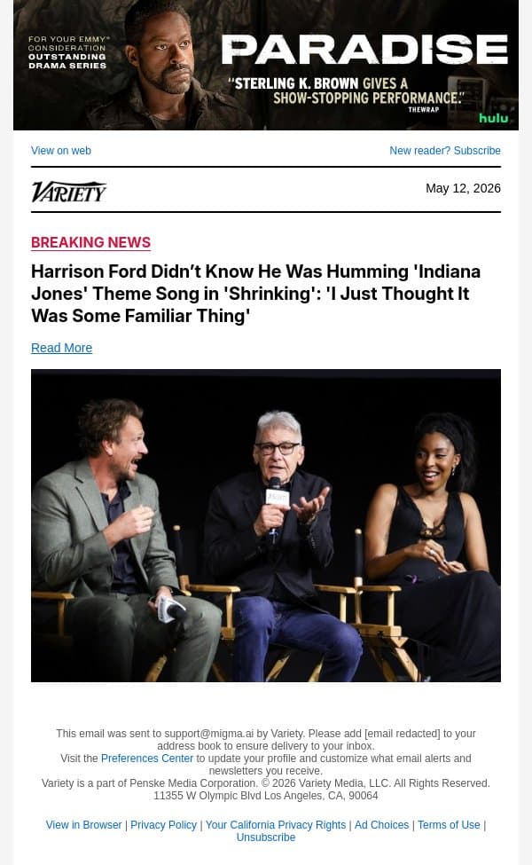 Harrison Ford Didn’t Know He Was Humming 'Indiana Jones' Theme Song in 'Shrinking': 'I Just Thought It Was Some Familiar Thing' email from Variety screenshot