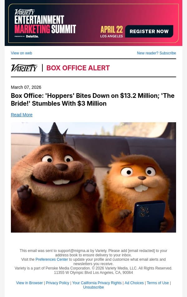 Box Office: 'Hoppers' Bites Down on $13.2 Million; 'The Bride!' Stumbles With $3 Million email from Variety screenshot