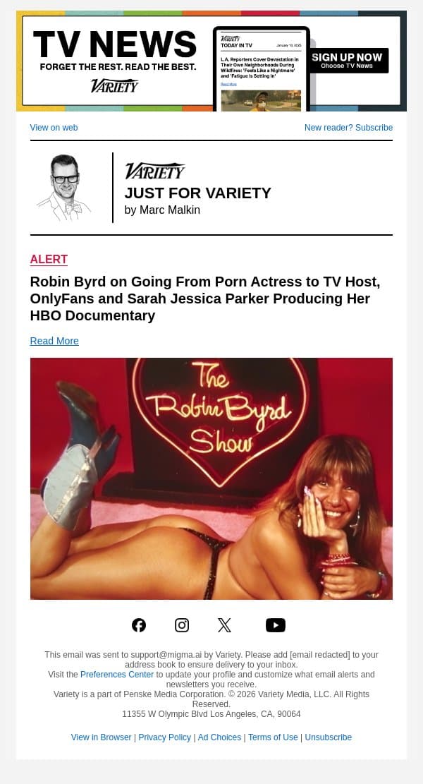 Robin Byrd on Going From Porn Actress to TV Host, OnlyFans and Sarah Jessica Parker Producing Her HBO Documentary email from Variety screenshot