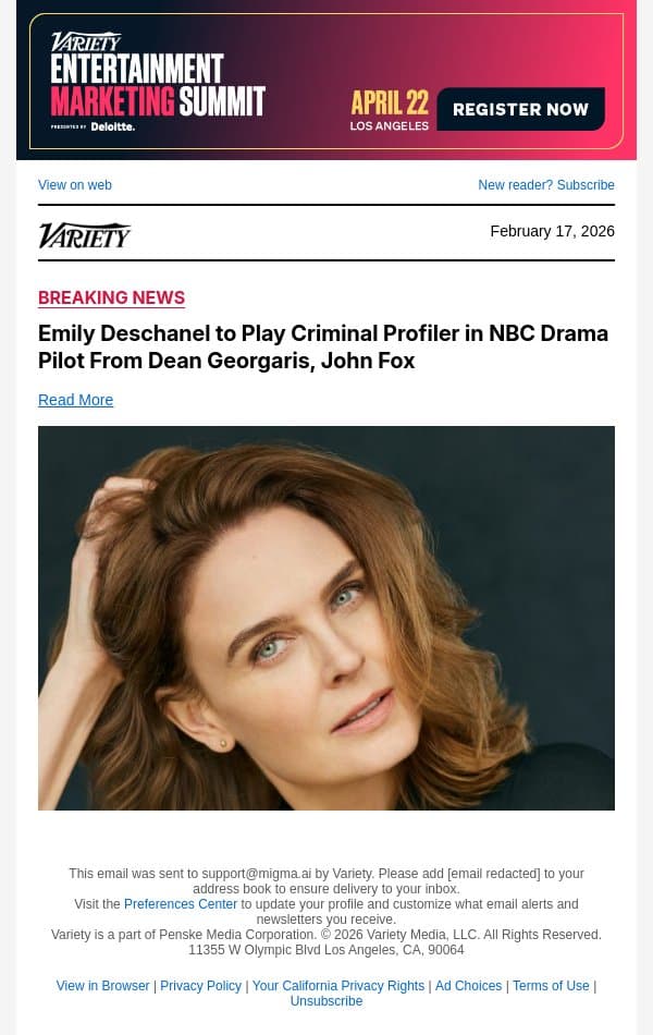Emily Deschanel to Play Criminal Profiler in NBC Drama Pilot From Dean Georgaris, John Fox email from Variety screenshot
