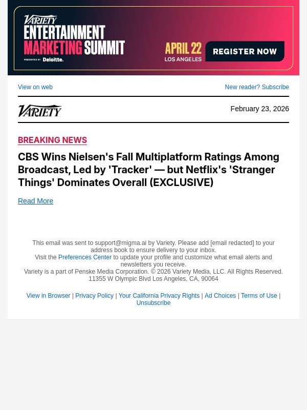 CBS Wins Nielsen's Fall Multiplatform Ratings Among Broadcast, Led by 'Tracker' — but Netflix's 'Stranger Things' Dominates Overall (EXCLUSIVE) email from Variety screenshot