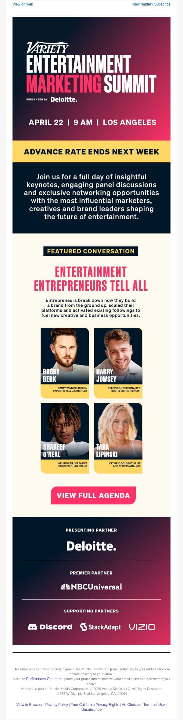 Don't Miss Bobby Berk, Harry Jowsey & More at Variety's Entertainment Marketing Summit - April 22 email from Variety screenshot