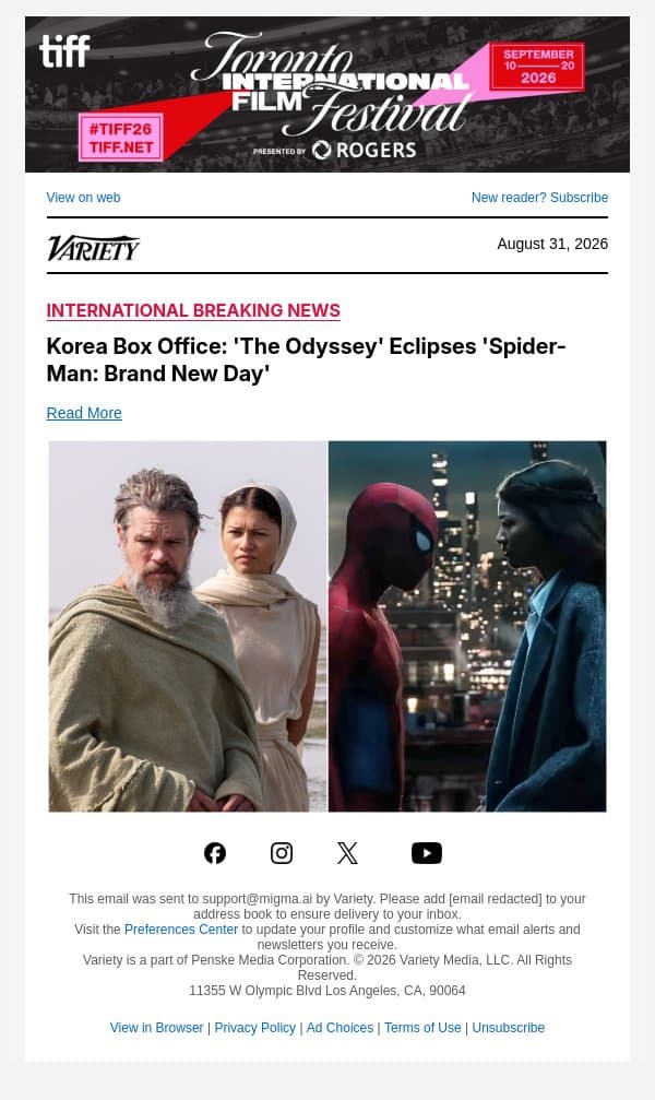 Korea Box Office: 'The Odyssey' Eclipses 'Spider-Man: Brand New Day' email from Variety screenshot