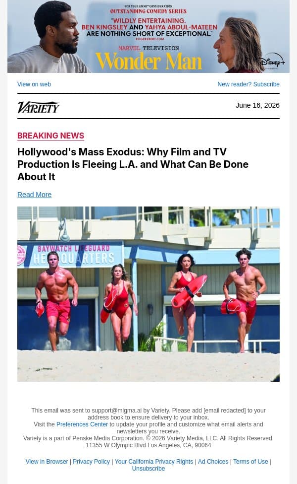 COVER STORY | Hollywood's Mass Exodus: Why Film and TV Production Is Fleeing L.A. and What Can Be Done About It email from Variety screenshot