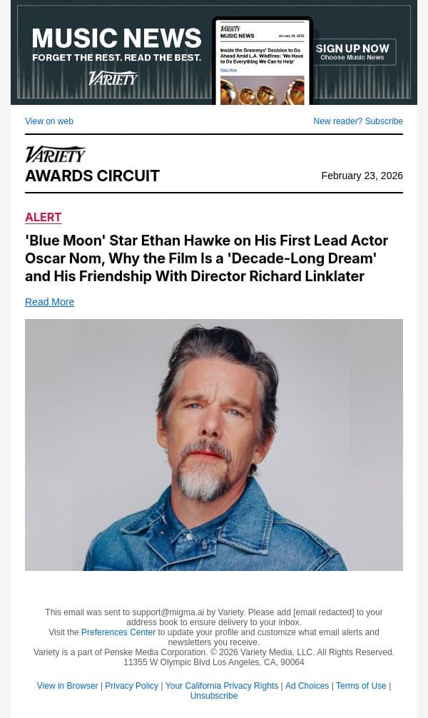 'Blue Moon' Star Ethan Hawke on His First Lead Actor Oscar Nom, Why the Film Is a 'Decade-Long Dream' and His Friendship With Director Richard Linklater email from Variety screenshot