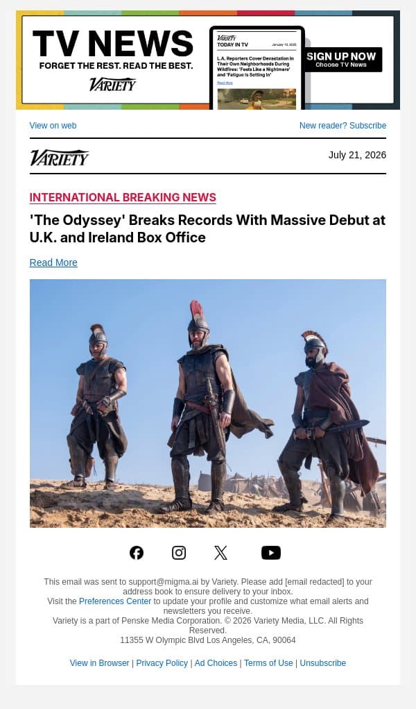 'The Odyssey' Breaks Records With Massive Debut at U.K. and Ireland Box Office email from Variety screenshot