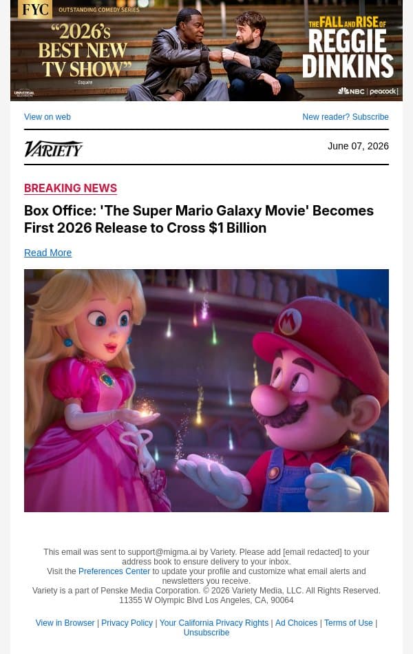 Box Office: 'The Super Mario Galaxy Movie' Becomes First 2026 Release to Cross $1 Billion email from Variety screenshot