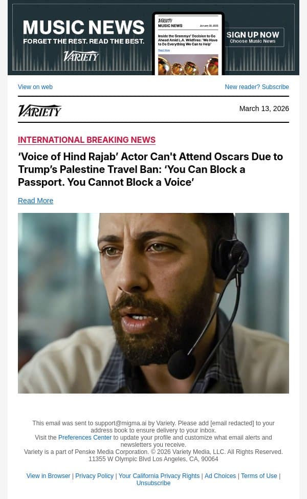 ‘Voice of Hind Rajab’ Actor Can't Attend Oscars Due to Trump’s Palestine Travel Ban: ‘You Can Block a Passport. You Cannot Block a Voice’ email from Variety screenshot