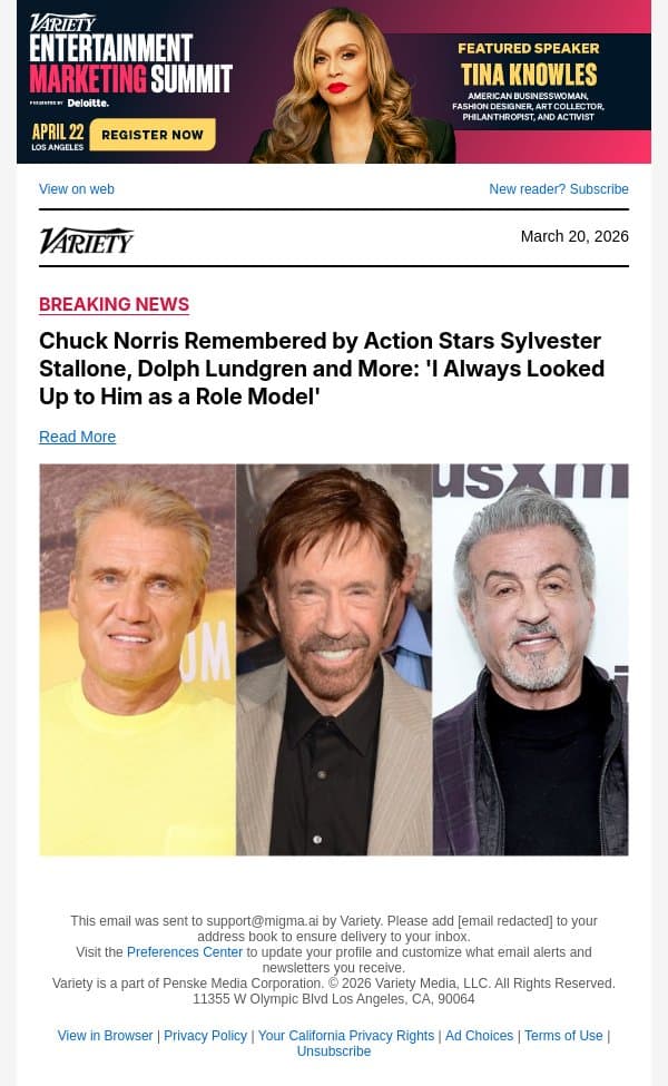 Chuck Norris Remembered by Action Stars Sylvester Stallone, Dolph Lundgren and More: 'I Always Looked Up to Him as a Role Model' email from Variety screenshot