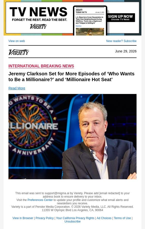 Jeremy Clarkson Set for More Episodes of ‘Who Wants to Be a Millionaire?’ and ‘Millionaire Hot Seat’ email from Variety screenshot
