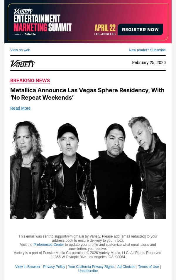 Metallica Announce Las Vegas Sphere Residency, With ‘No Repeat Weekends’ email from Variety screenshot