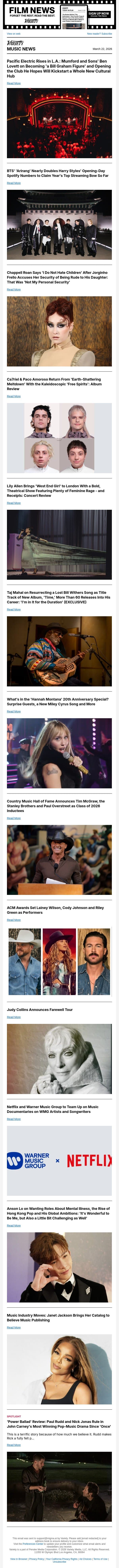 Pacific Electric Venue Expands L.A.'s Live Scene; BTS Has Smashing First Day on Spotify; Chappell Roan Apologizes for Brazil Security Incident email from Variety screenshot