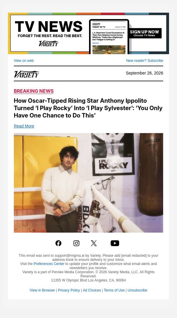 How Oscar-Tipped Rising Star Anthony Ippolito Turned ‘I Play Rocky’ Into ‘I Play Sylvester’: ‘You Only Have One Chance to Do This’ email from Variety screenshot