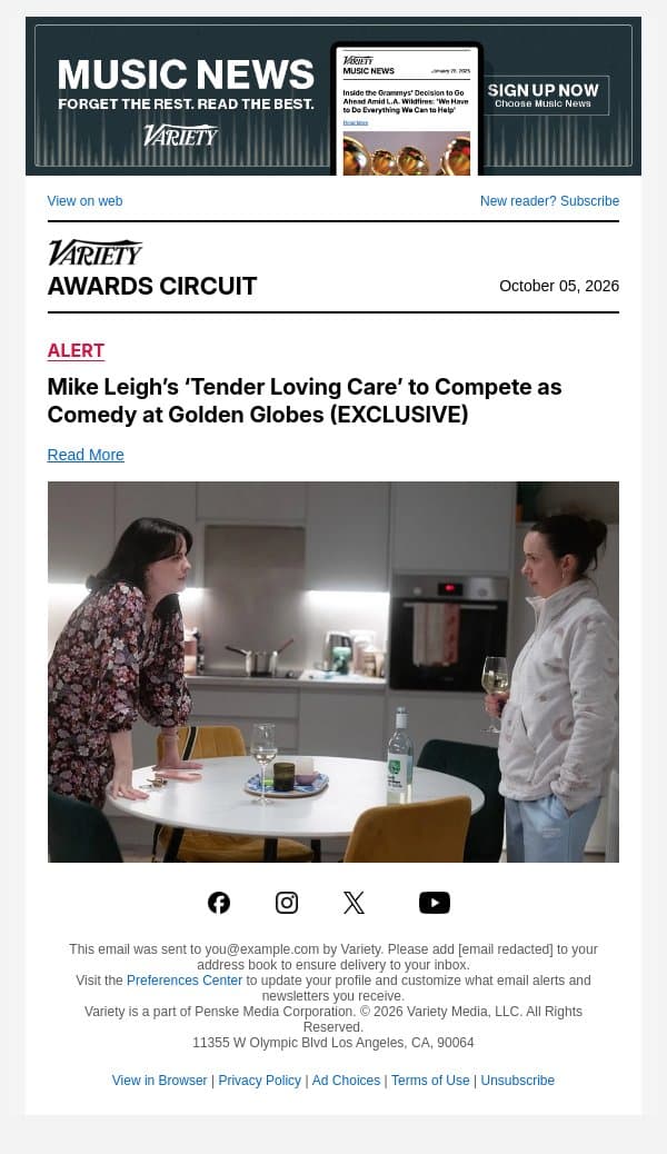 Mike Leigh’s ‘Tender Loving Care’ to Compete as Comedy at Golden Globes (EXCLUSIVE) email from Variety screenshot