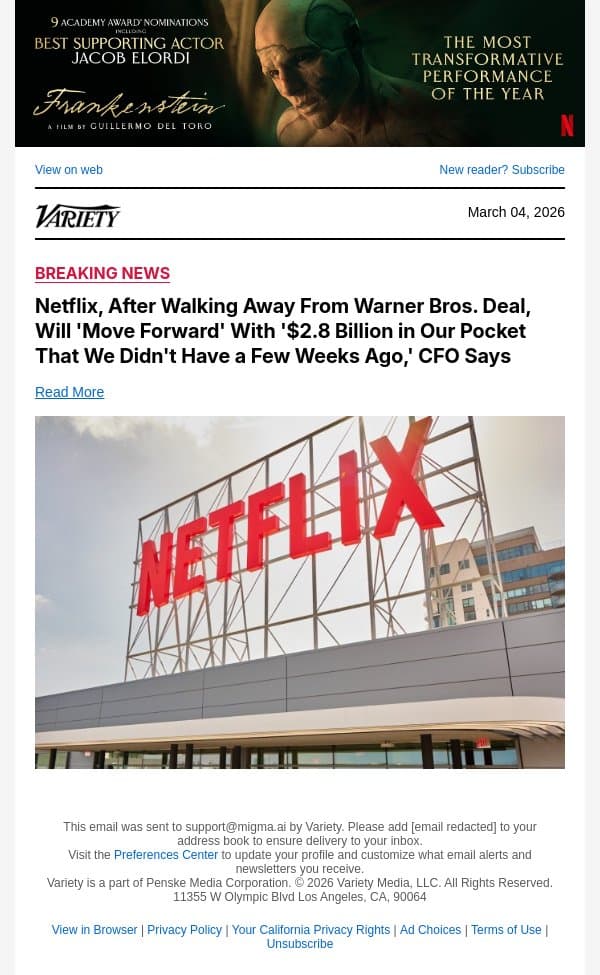 Netflix, After Walking Away From Warner Bros. Deal, Will 'Move Forward' With '$2.8 Billion in Our Pocket That We Didn't Have a Few Weeks Ago,' CFO Says email from Variety screenshot