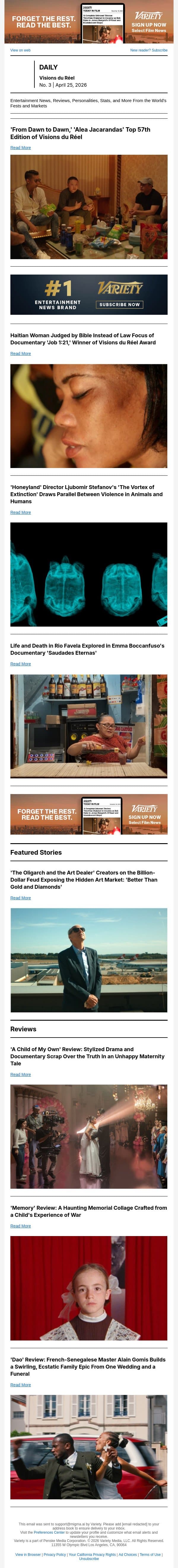 'Dawn' Breaks Out; Haitian Misjustice; Extinction Vortex email from Variety screenshot