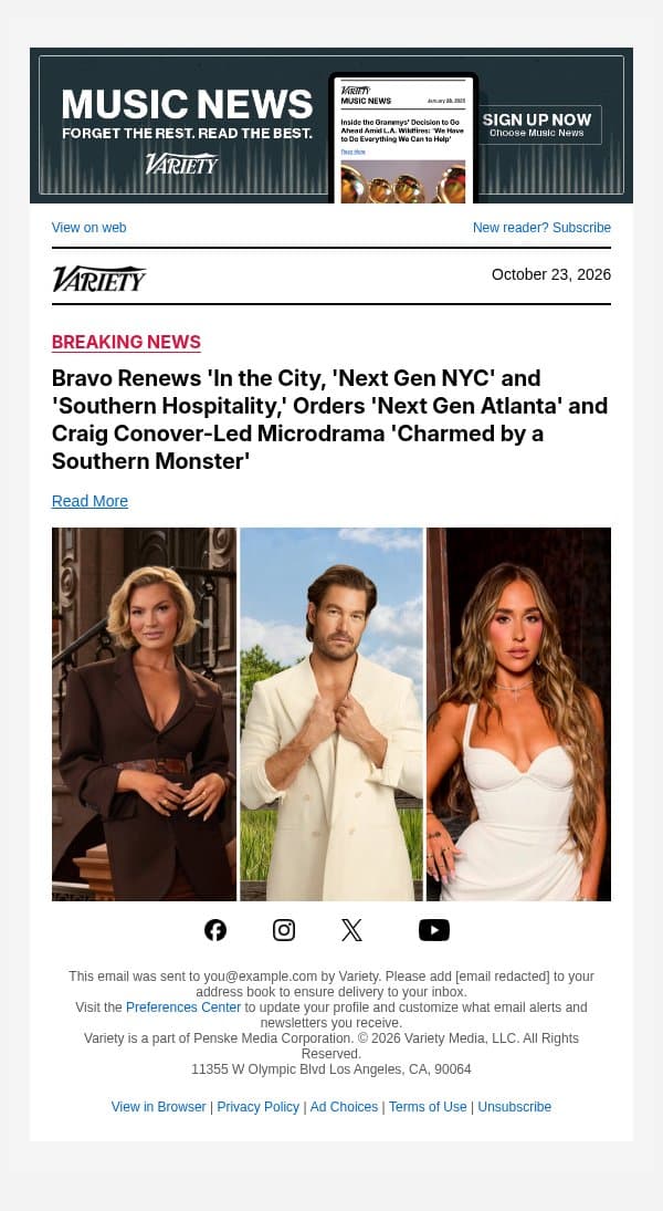Bravo Renews 'In the City, 'Next Gen NYC' and 'Southern Hospitality,' Orders 'Next Gen Atlanta' and Craig Conover-Led Microdrama 'Charmed by a Southern Monster' email from Variety screenshot