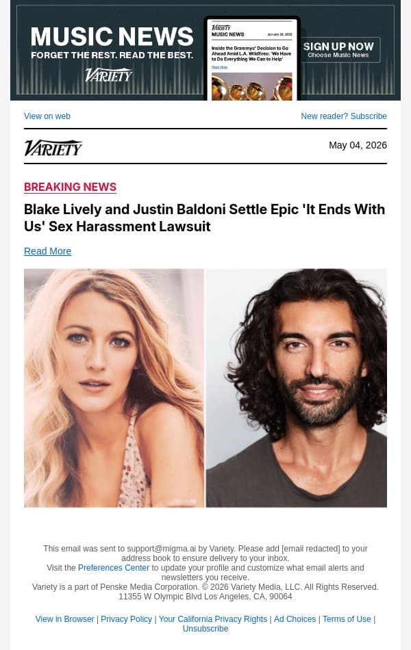 Blake Lively and Justin Baldoni Settle Epic 'It Ends With Us' Sex Harassment Lawsuit email from Variety screenshot