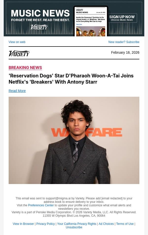 'Reservation Dogs' Star D'Pharaoh Woon-A-Tai Joins Netflix's 'Breakers' With Antony Starr email from Variety screenshot