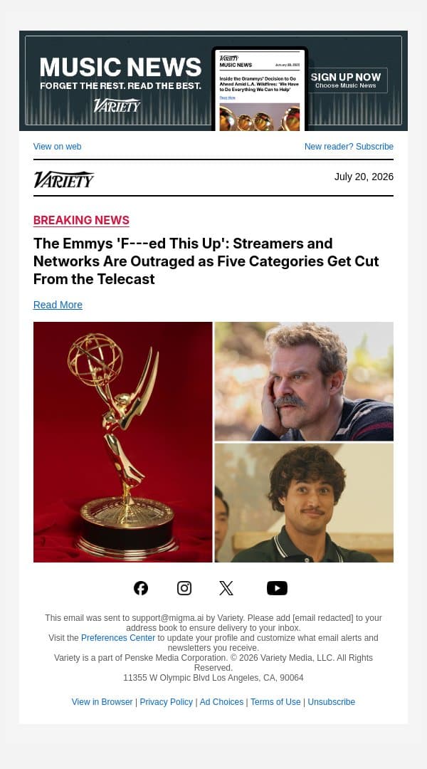 The Emmys 'F---ed This Up': Streamers and Networks Are Outraged as Five Categories Get Cut From the Telecast email from Variety screenshot