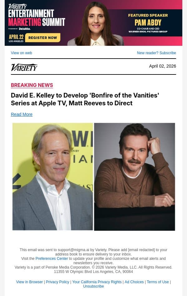David E. Kelley to Develop 'Bonfire of the Vanities' Series at Apple TV, Matt Reeves to Direct email from Variety screenshot