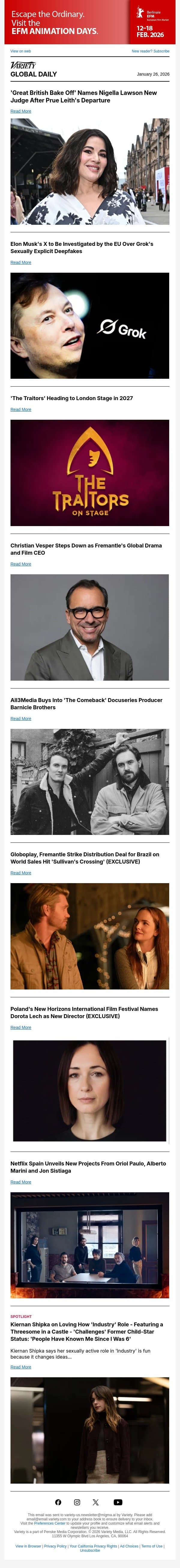 New 'Great British Bake Off' Judge; X to Be Investigated by EU; 'The Traitors' Stage Play email from Variety screenshot