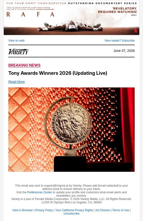 Tony Awards: 'Schmigadoon!' Wins Best Musical email from Variety screenshot