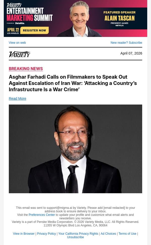 Asghar Farhadi Calls on Filmmakers to Speak Out Against Escalation of Iran War: ‘Attacking a Country’s Infrastructure Is a War Crime’ email from Variety screenshot
