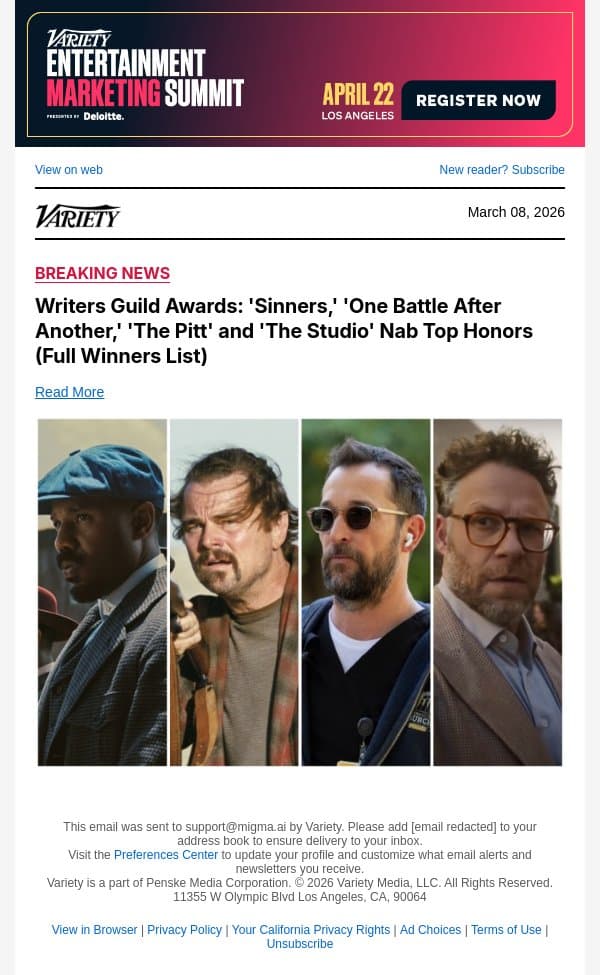 Writers Guild Awards: 'Sinners,' 'One Battle After Another,' 'The Pitt' and 'The Studio' Nab Top Honors (Full Winners List) email from Variety screenshot