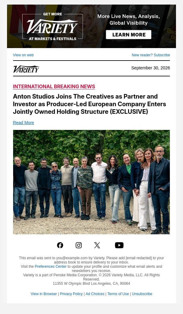 Anton Studios Joins The Creatives as Partner and Investor as Producer-Led European Company Enters Jointly Owned Holding Structure (EXCLUSIVE) email from Variety screenshot