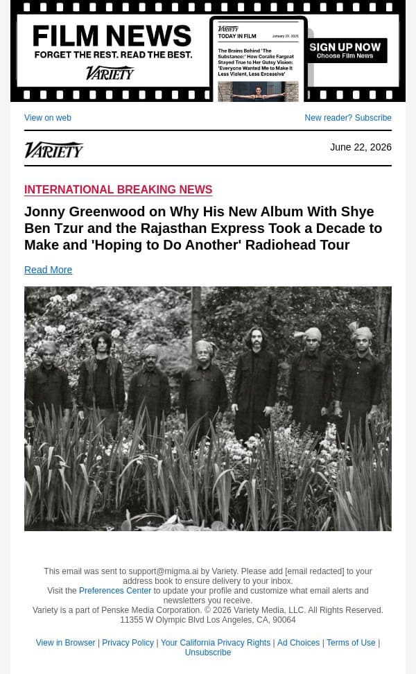 Jonny Greenwood on Why His New Album With Shye Ben Tzur and the Rajasthan Express Took a Decade to Make and 'Hoping to Do Another' Radiohead Tour email from Variety screenshot