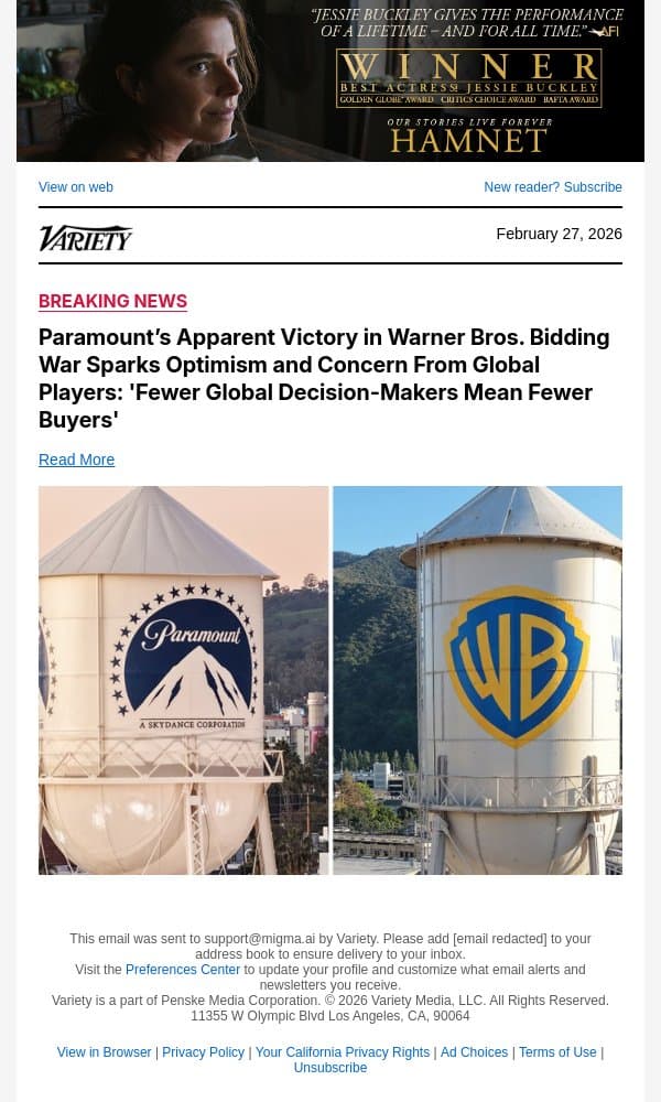 Paramount’s Apparent Victory in Warner Bros. Bidding War Sparks Optimism and Concern From Global Players: 'Fewer Global Decision-Makers Mean Fewer Buyers' email from Variety screenshot