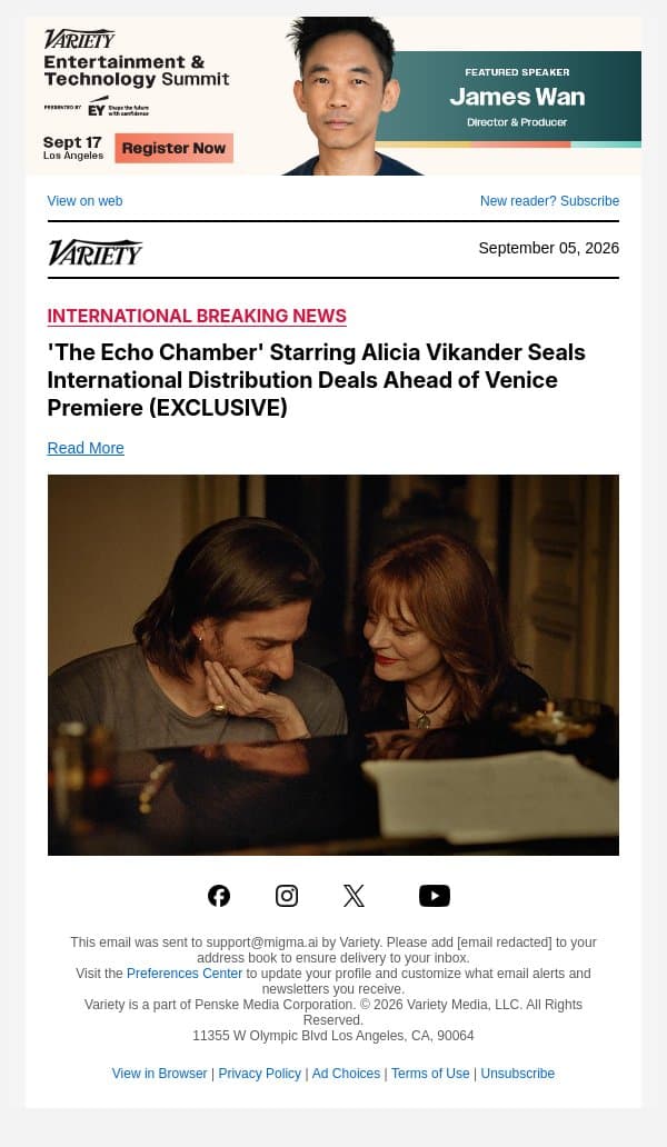 'The Echo Chamber' Starring Alicia Vikander Seals International Distribution Deals Ahead of Venice Premiere (EXCLUSIVE) email from Variety screenshot