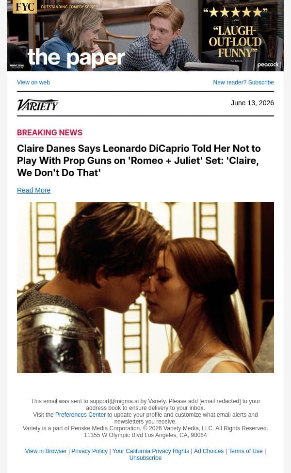 Claire Danes Says Leonardo DiCaprio Told Her Not to Play With Prop Guns on 'Romeo + Juliet' Set: 'Claire, We Don't Do That' email from Variety screenshot