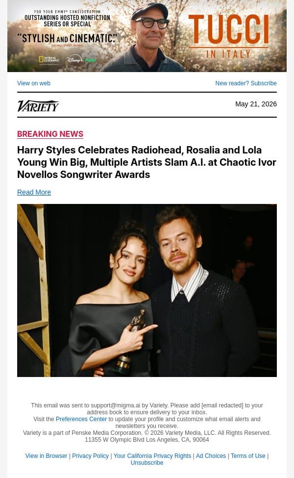 Harry Styles Celebrates Radiohead, Rosalia and Lola Young Win Big, Multiple Artists Slam A.I. at Chaotic Ivor Novellos Songwriter Awards email from Variety screenshot