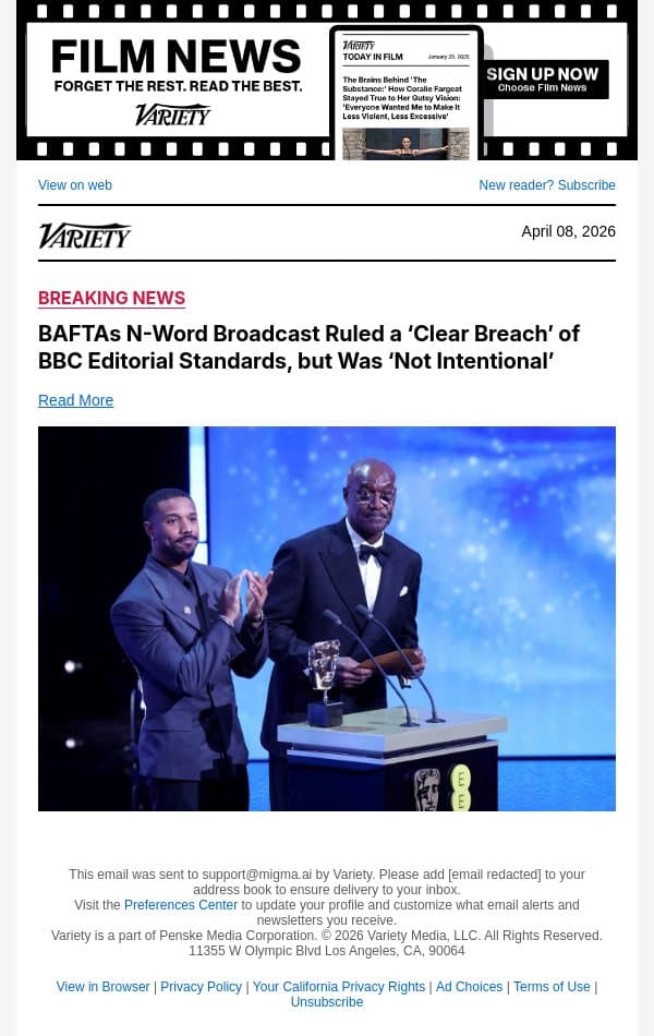BAFTAs N-Word Broadcast Ruled a ‘Clear Breach’ of BBC Editorial Standards, but Was ‘Not Intentional’ email from Variety screenshot