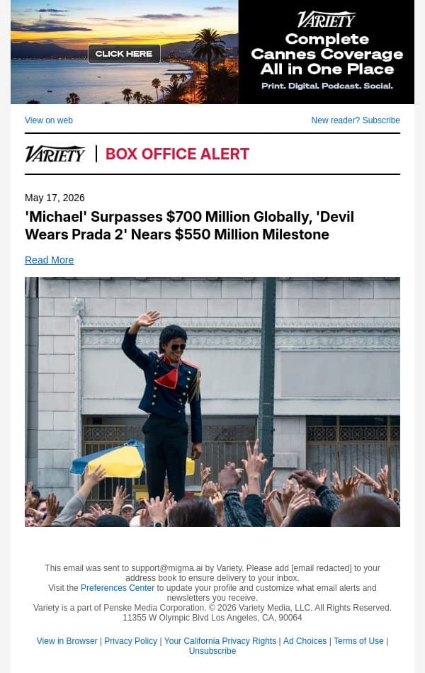 'Michael' Surpasses $700 Million Globally, 'Devil Wears Prada 2' Nears $550 Million Milestone email from Variety screenshot