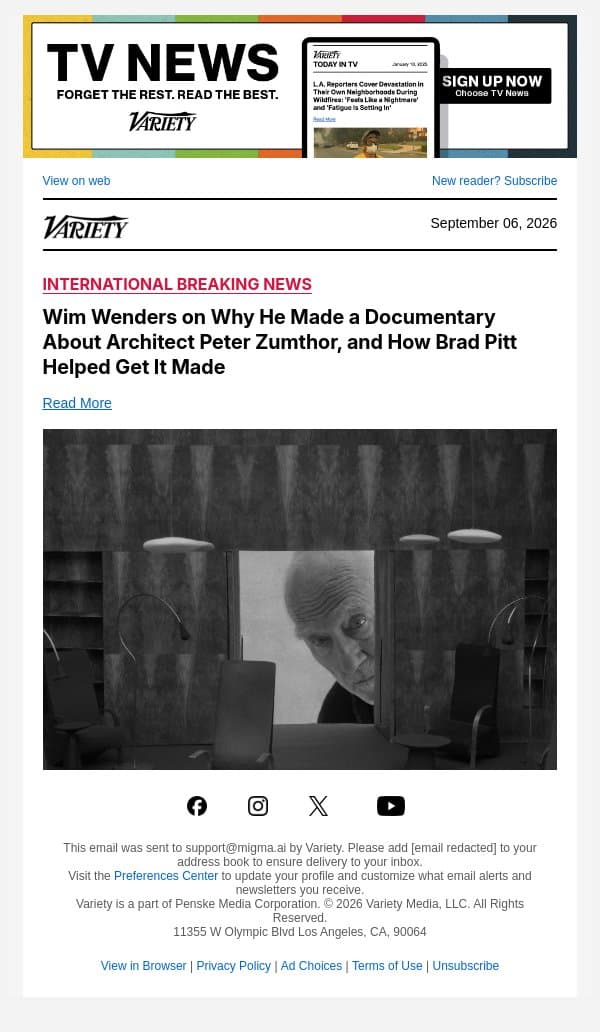 Wim Wenders on Why He Made a Documentary About Architect Peter Zumthor, and How Brad Pitt Helped Get It Made email from Variety screenshot