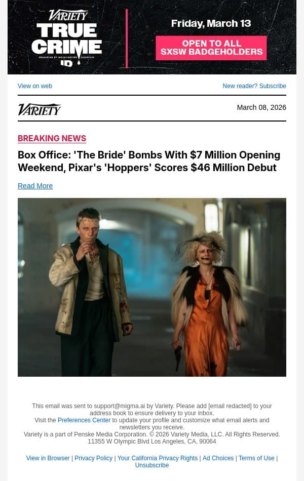 Box Office: 'The Bride' Bombs With $7 Million Opening Weekend, Pixar's 'Hoppers' Scores $46 Million Debut email from Variety screenshot