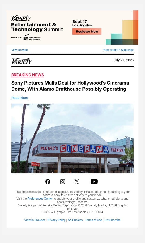Sony Pictures Mulls Deal for Hollywood’s Cinerama Dome, With Alamo Drafthouse Possibly Operating email from Variety screenshot