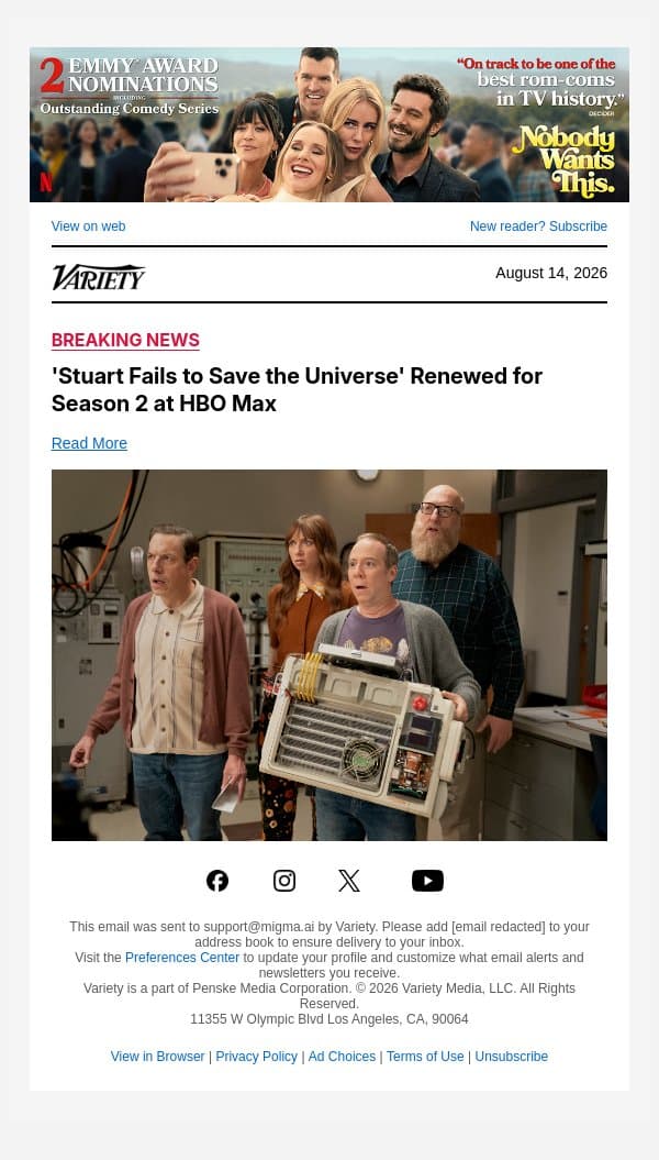 'Stuart Fails to Save the Universe' Renewed for Season 2 at HBO Max email from Variety screenshot