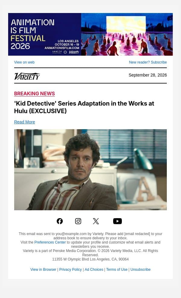 'Kid Detective' Series Adaptation in the Works at Hulu (EXCLUSIVE) email from Variety screenshot
