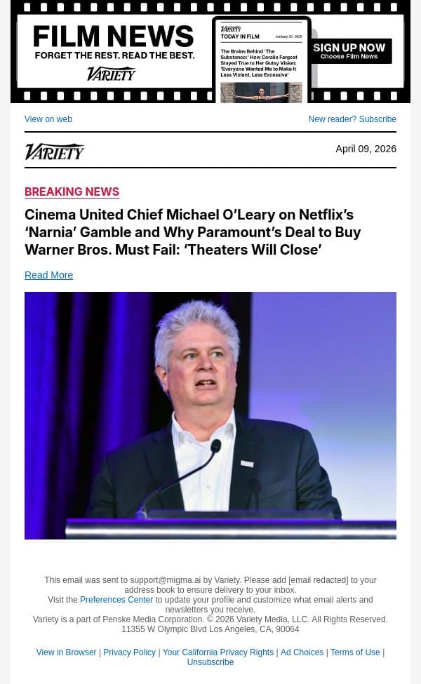 Cinema United Chief Michael O’Leary on Netflix’s ‘Narnia’ Gamble and Why Paramount’s Deal to Buy Warner Bros. Must Fail: ‘Theaters Will Close’ email from Variety screenshot