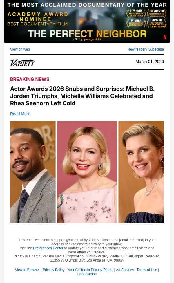 Actor Awards 2026 Snubs and Surprises: Michael B. Jordan Triumphs, Michelle Williams Celebrated and Rhea Seehorn Left Cold email from Variety screenshot