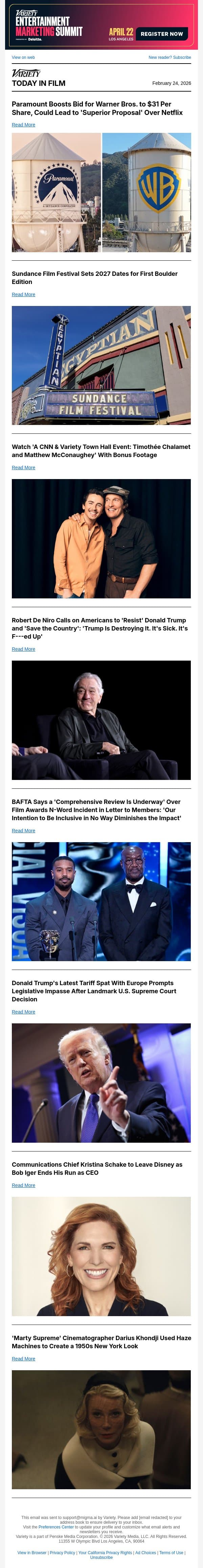 Paramount Ups WB Bid; Sundance 2027 Dates; Chalamet and McConaughey Town Hall email from Variety screenshot