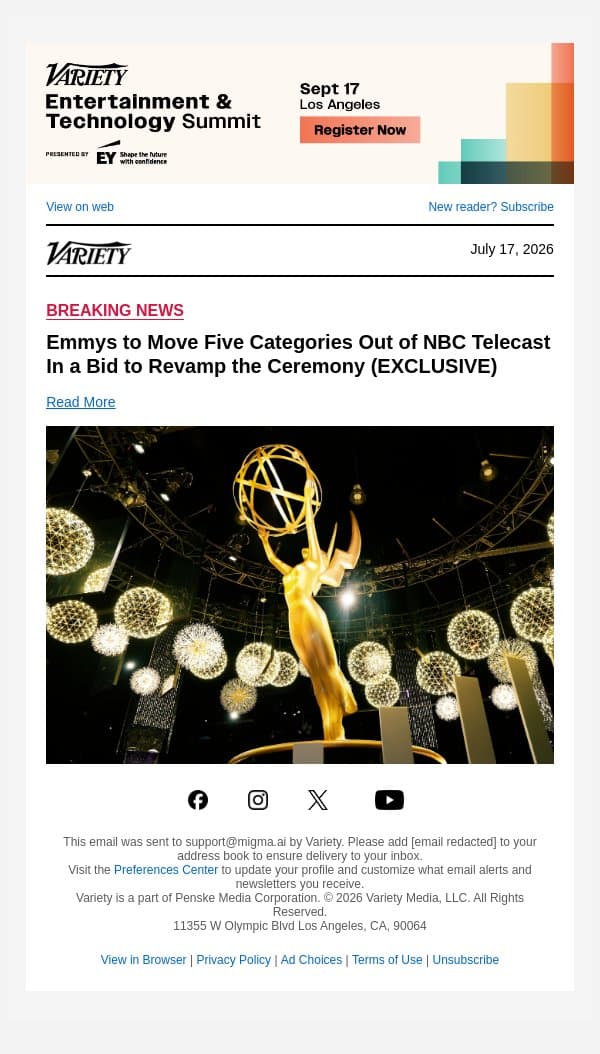 Emmys to Move Five Categories Out of NBC Telecast In a Bid to Revamp the Ceremony (EXCLUSIVE) email from Variety screenshot