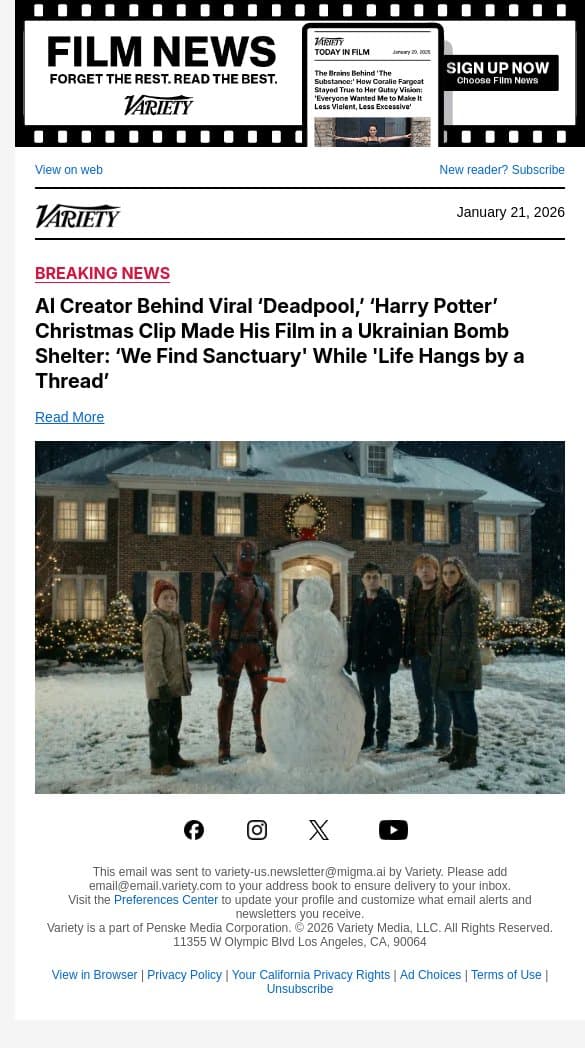 AI Creator Behind Viral ‘Deadpool,’ ‘Harry Potter’ Christmas Clip Made His Film in a Ukrainian Bomb Shelter: ‘We Find Sanctuary' While 'Life Hangs by a Thread’ email from Variety screenshot