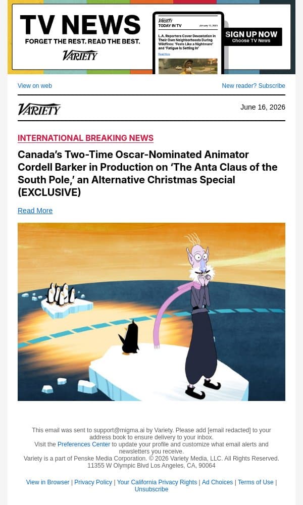 Canada’s Two-Time Oscar-Nominated Animator Cordell Barker in Production on ‘The Anta Claus of the South Pole,’ an Alternative Christmas Special (EXCLUSIVE) email from Variety screenshot