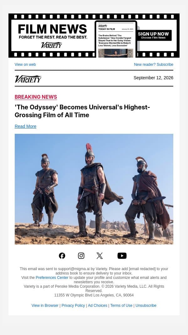 'The Odyssey' Becomes Universal's Highest-Grossing Film of All Time email from Variety screenshot