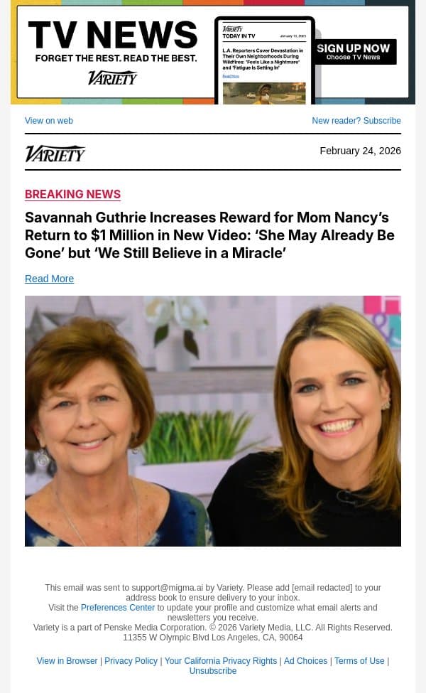 Savannah Guthrie Increases Reward for Mom Nancy’s Return to $1 Million in New Video: ‘She May Already Be Gone’ but ‘We Still Believe in a Miracle’ email from Variety screenshot